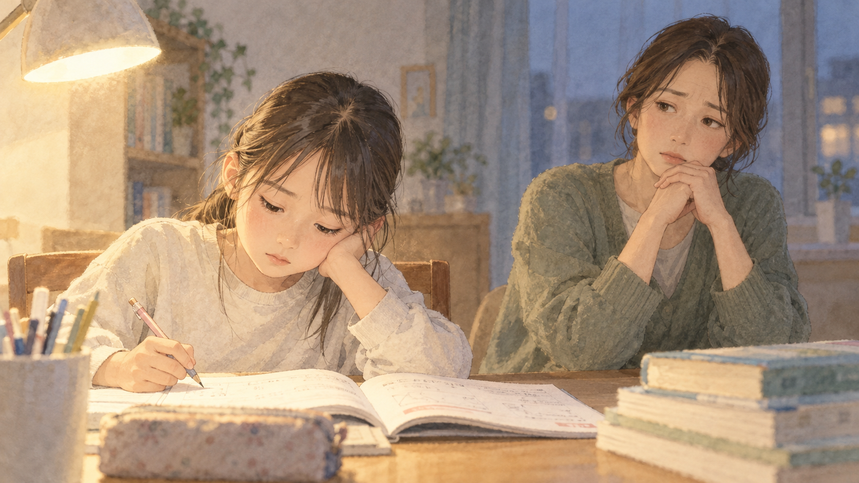 勉強机に向かう娘と、そばで思い悩む母親を描いたイラスト